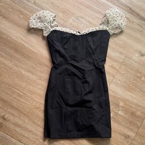 Camila Coelho Black Mini Dress with Polka Dot Sleeves